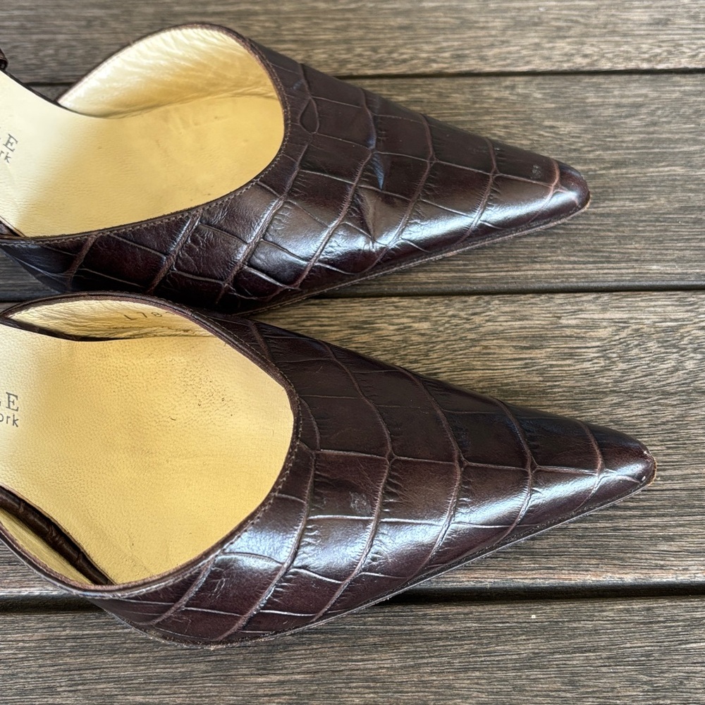 Vintage Kenneth Cole Brown Croc-Pattern Heels with Cocoa Brown Satin Ribbons 8.5